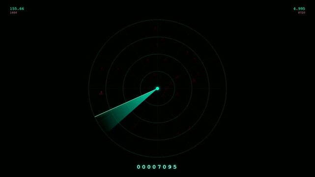 System resource monitoring shown on a dark interface displaying scanning rotating green radar beams with numeric digital data counters in a circular scanning motion pattern