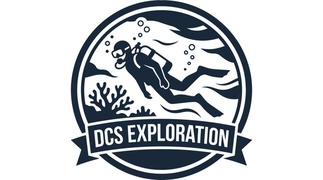 Black and white DCS Exploration scuba diving logo emblem.
