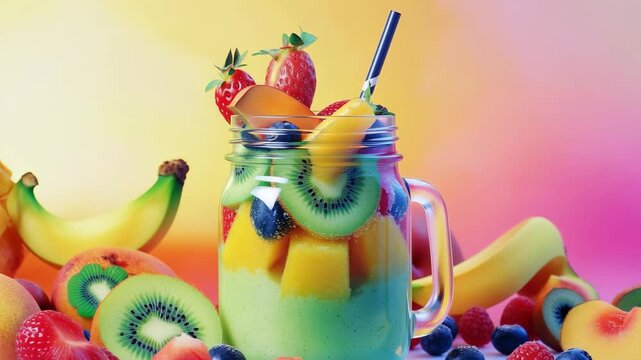 Fruit smoothie in mason jar with fresh fruit