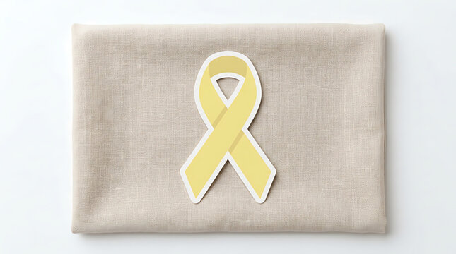 Yellow awareness ribbon on a textured beige fabric background, symbol of support for various causes such as suicide prevention, bladder cancer, and sarcoma awareness