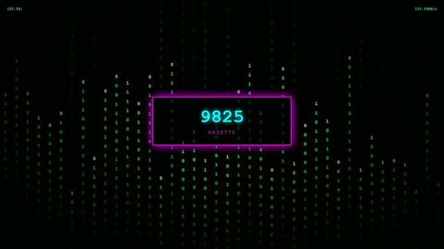 System resource monitoring dashboard displays numeric data points in a glowing neon purple box overlay on a dark digital matrix screen with falling binary code streams
