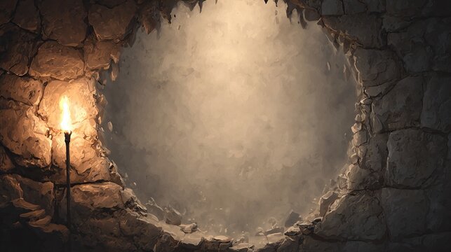 Torch illuminating a stone cave opening with a mysterious, smoky atmosphere