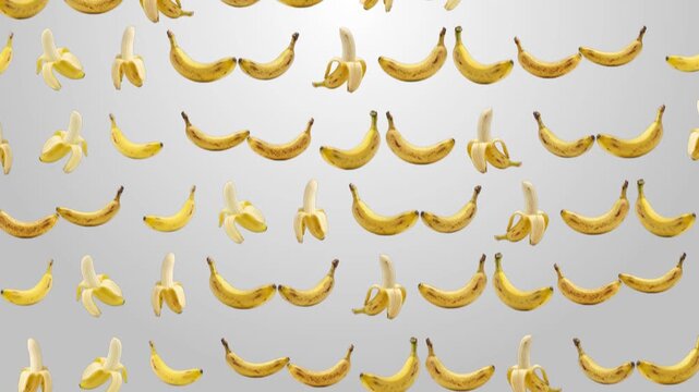 Dynamic 3D Loop Animation of Multiple Flying Bananas Rotating in a Spiral Pattern Against a Bright White Background, Seamless Motion Graphic for Healthy Food Advertising, Tropical Fruit Branding, Smoo