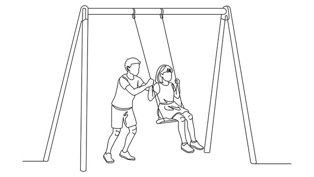 Continuous line drawing of a boy pushing a girl on a backyard swing set. Minimalist vector illustration of childhood friendship, outdoor play, and summer leisure.