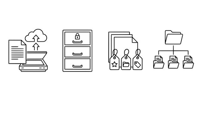 Document management system icon set. Line art vectors for cloud scanning, secure file cabinet, metadata tagging, and folder directory hierarchy.