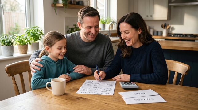 Family at kitchen table reviewing budget plan with manageable bills