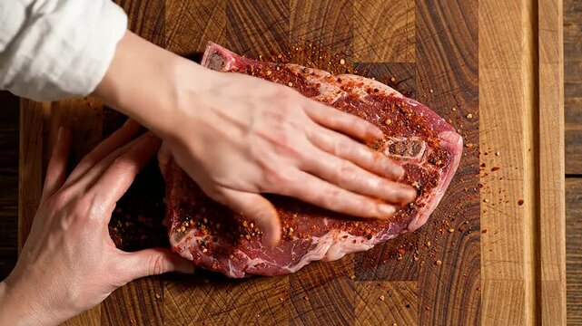 Close-Up View Of Seasoned T-Bone Steak On Rustic Wooden Butcher Block While Preparing For Cooking