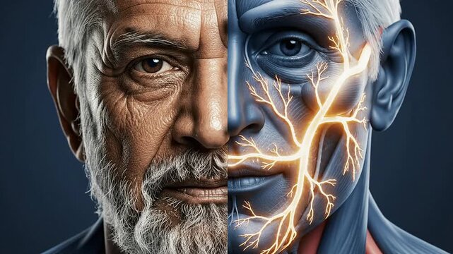 Creative Portrait Split of a Human Face Showing Realistic Aging on One Side and Detailed Neural Vascular Anatomy on the Other in a Striking Contrast for Artistic and Medical Use