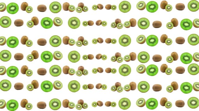 Fresh sliced kiwis and whole kiwi fruits arranged in a pattern isolated on a vibrant purple background, organic fruit for healthy food advertising, summer harvest 3D render concept for culinary market