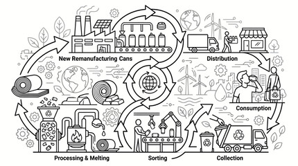 Fototapeta premium Circular Economy Recycling Process Diagram for Aluminum Cans showing Production and Sustainability