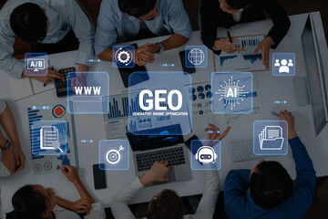 Obraz premium Professionals Engaged in Data Analysis and Digital Marketing Strategies with Focus on Generative Engine Optimization Concepts. Glyphic.