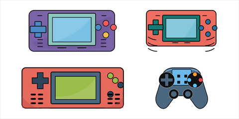 Set of retro handheld game consoles and modern gamepad controller vector illustrations © Moriyam