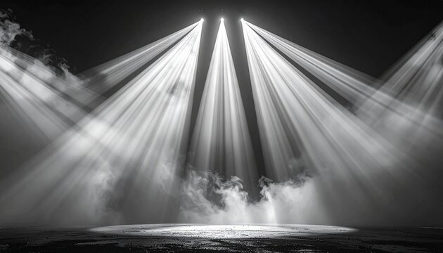 A dramatic black and white image of multiple spotlights illuminating a smoky stage.