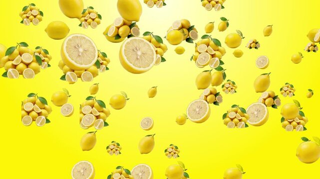 Fresh sliced lemons and whole citrus fruits falling in slow motion isolated on a vibrant yellow background, floating organic fruit for healthy food advertising, summer harvest 3D render concept for cu
