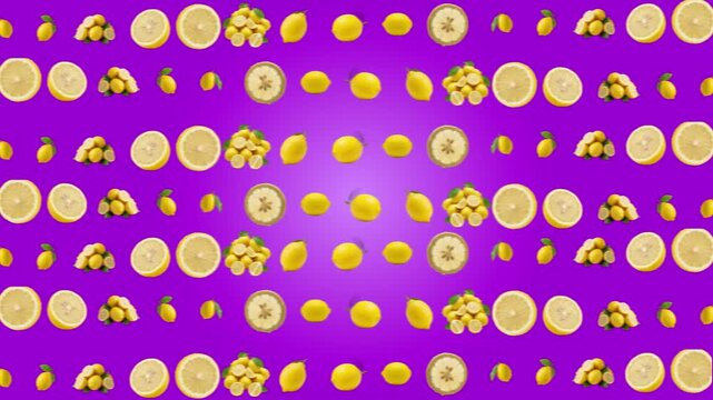 Fresh sliced lemons and whole citrus fruits arranged in a pattern isolated on a vibrant purple background, organic fruit for healthy food advertising, summer harvest 3D render concept for culinary mar