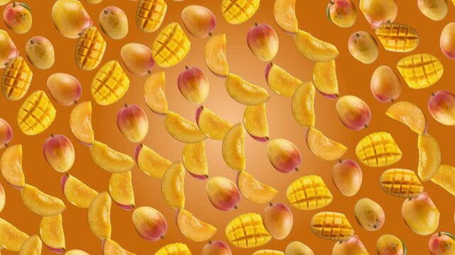Fresh ripe mangoes and juicy mango slices arranged in a pattern isolated on a warm amber background, organic fruit for healthy food advertising, summer harvest 3D render concept for culinary marketing