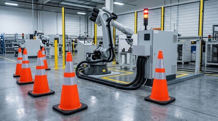 Fototapeta premium Factory floor safety cones beside stopped robot for automation failure concept