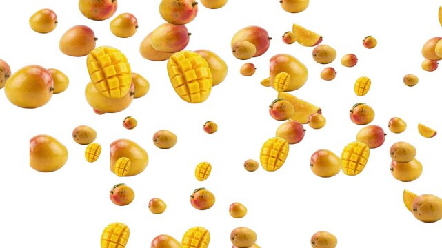 Fresh ripe mangoes and juicy mango slices falling in slow motion isolated on a white background, floating organic tropical fruit for healthy food advertising, summer harvest 3D render concept for culi