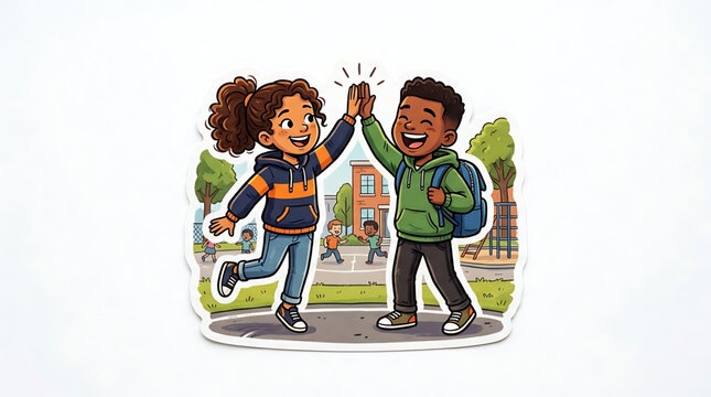 Happy diverse children giving a high five at school playground