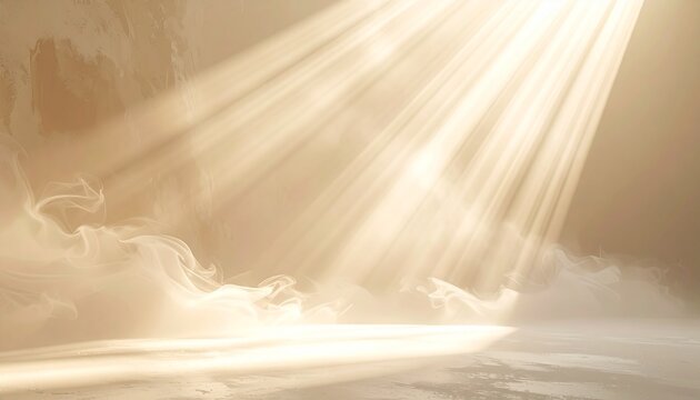 Golden light rays piercing through a smoky or hazy atmosphere onto a dark surface, creating a dramatic and ethereal scene.