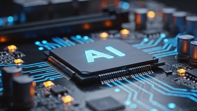 AI Processor Chip Close-up with Blue Glowing Circuitry and Data Flow