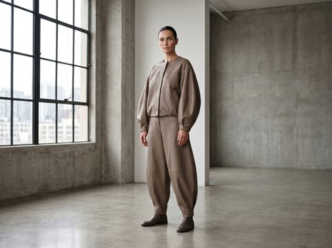 Soft leather separates with balloon proportions and clean hair fashion portrait