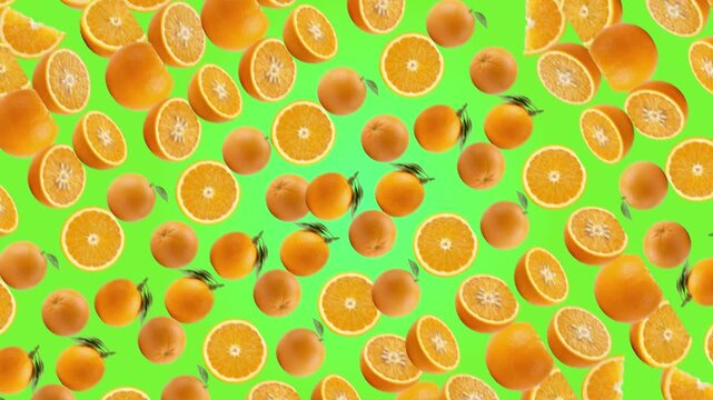 Fresh sliced oranges and whole citrus fruits arranged in a pattern isolated on a vibrant lime green background, organic fruit for healthy food advertising, summer harvest 3D render concept for culinar