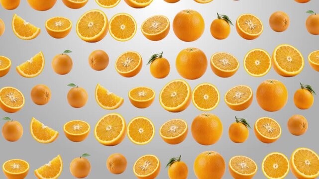 Fresh sliced oranges and whole citrus fruits arranged in a pattern isolated on a light gray background, organic fruit for healthy food advertising, summer harvest 3D render concept for culinary market