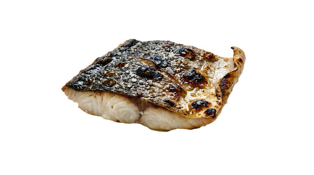 Grilled hamachi kama, yellowtail fish collar with crispy skin, isolated on a white background