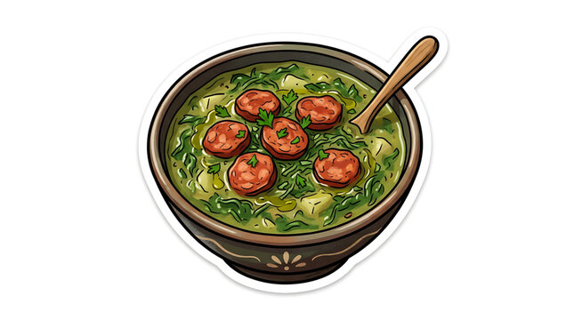 Caldo verde soup with chorizo sausage in a rustic bowl