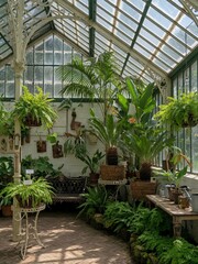 Fototapeta premium Victorian greenhouse interior with tropical plants