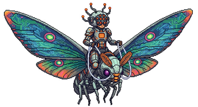Steampunk warrior riding a giant mechanical moth creature.