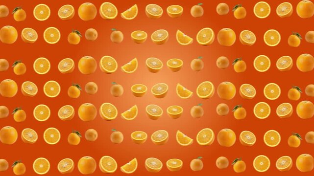 Fresh sliced oranges and whole citrus fruits arranged in a pattern isolated on a vibrant orange background, organic fruit for healthy food advertising, summer harvest 3D render concept for culinary ma