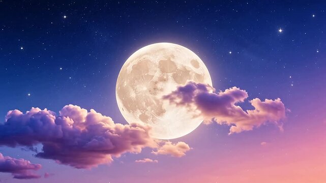 Full moon in starry sky with clouds