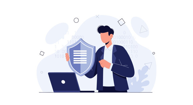 Man holding shield with document near laptop, representing cybersecurity, data protection, and digital security.