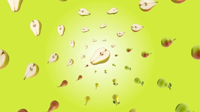 Fresh sliced pears falling in slow motion isolated on a vibrant lime green background, floating organic fruit halves for healthy food advertising, summer harvest 3D render concept for culinary marketi