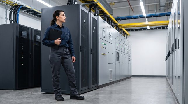 Data center facilities team checking switchgear and UPS systems