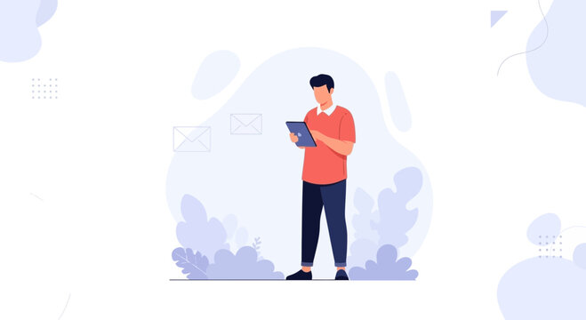 Man using tablet for digital communication, online messaging, and remote work, modern flat illustration with nature elements.