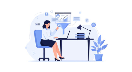 Fototapeta premium Sales funnel illustration: Woman managing business data and analytics at her desk with laptop, charts, and marketing icons