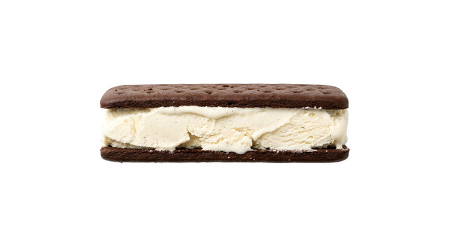 Isolated rectangular ice cream sandwich with vanilla filling between soft dark chocolate cookies for summer treats