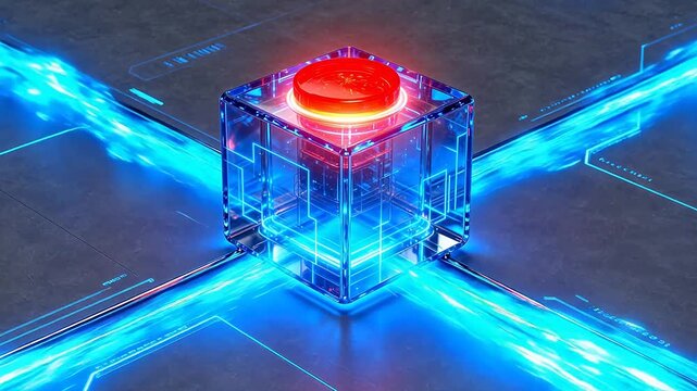 Futuristic glowing cube on circuit board