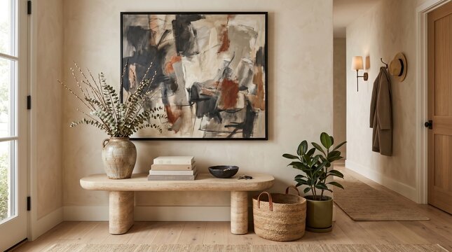 Entryway with statement bench oversized art and curated objects interior