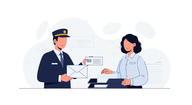 Postman delivering mail to a person at a counter, modern flat vector illustration