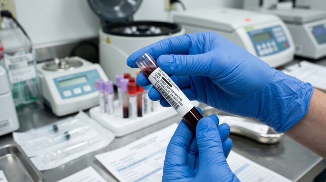 Free testosterone blood test sample in medical laboratory, hormone analysis and diagnostics