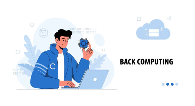 Programmer Holding CPU Chip and Working on Laptop, Illustrating Back Computing and Cloud Technology