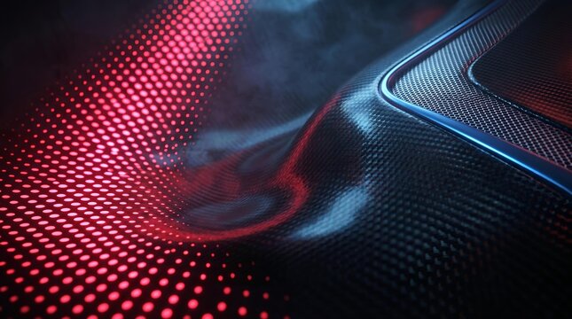 Futuristic Carbon Fiber Texture with Red LED Light Grid and Neon Accents