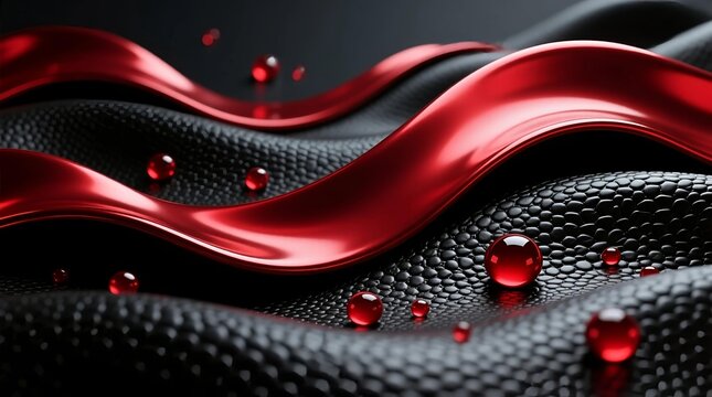 Abstract red metallic waves with realistic water droplets on textured black leather background.