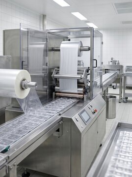 Blister pack machinery sealing pharmaceutical packs on sterile production line