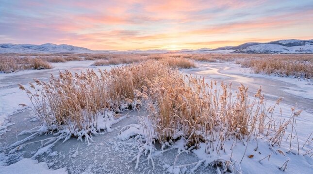 Golden sunrise over frozen snowy marshland and lake with landscape seasonal tranquil environment