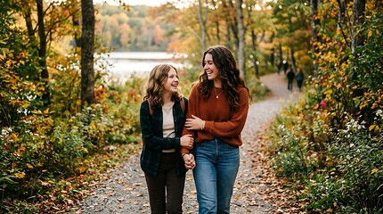 Fototapeta premium Two happy young women holding hands and laughing while walking along a scenic dirt path surrounded by colorful autumn trees and a lake in the background.
